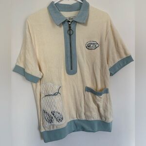 Tombolo Unisex Short-Sleeve Terry Cloth Polo in Yellowish Cream with Blue Trim